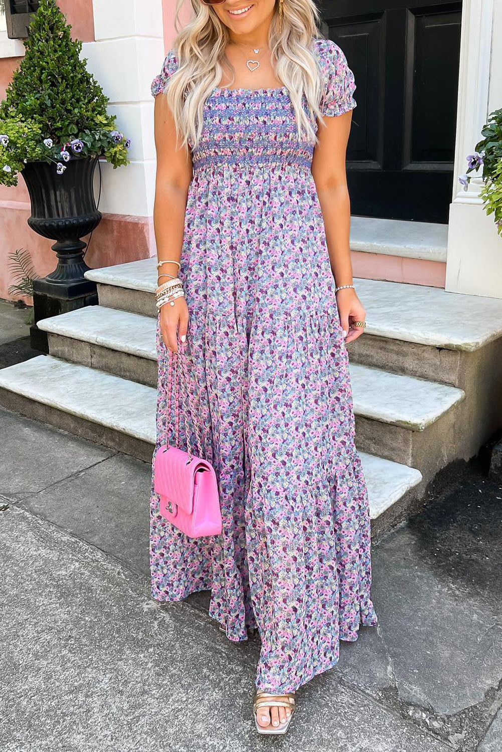 Purple Floral Short Bubble Sleeve Shirred High Waist Long Dress Maxi Dresses JT's Designer Fashion
