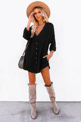Black Corduroy Shirt Style Full Button Long Sleeve Shift Mini Dress Mini Dresses JT's Designer Fashion