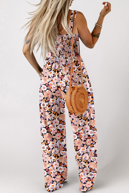 Black Floral Print Smocked High Waist Square Neck Jumpsuit Jumpsuits & Rompers JT's Designer Fashion