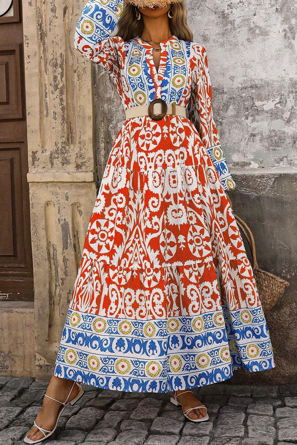 Orange Boho Geometric Printed Long Sleeve Long Dress Maxi Dresses JT's Designer Fashion