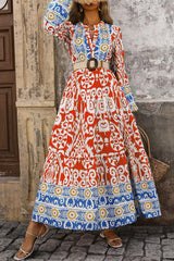 Orange Boho Geometric Printed Long Sleeve Long Dress Maxi Dresses JT's Designer Fashion