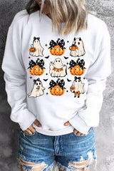 Beige Halloween Ghost Pumpkin Print Crew Neck Sweatshirt Graphic Sweatshirts JT's Designer Fashion