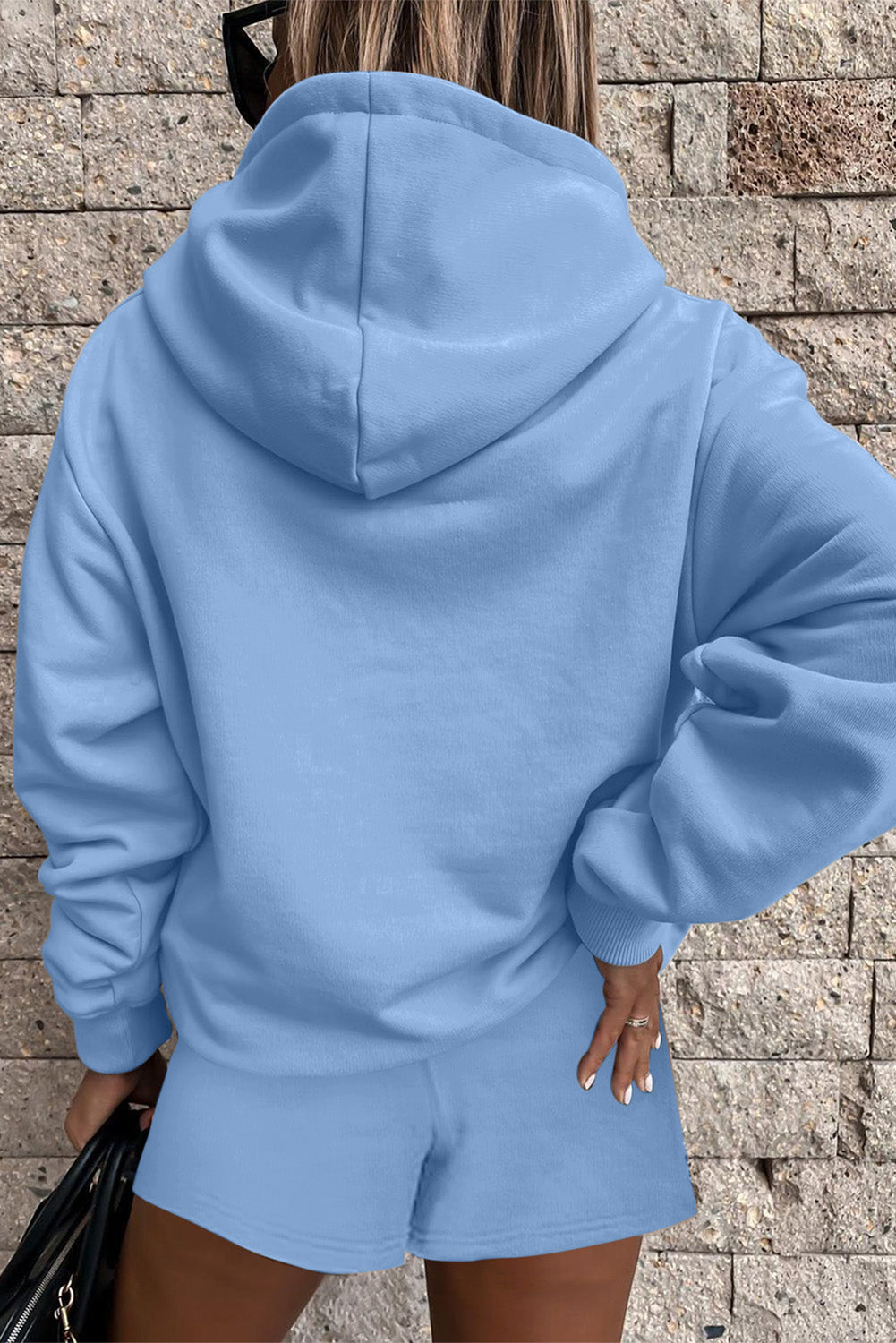 Light Blue Button Drawstring Hooded Pullover and Casual Short Set Short Sets JT's Designer Fashion