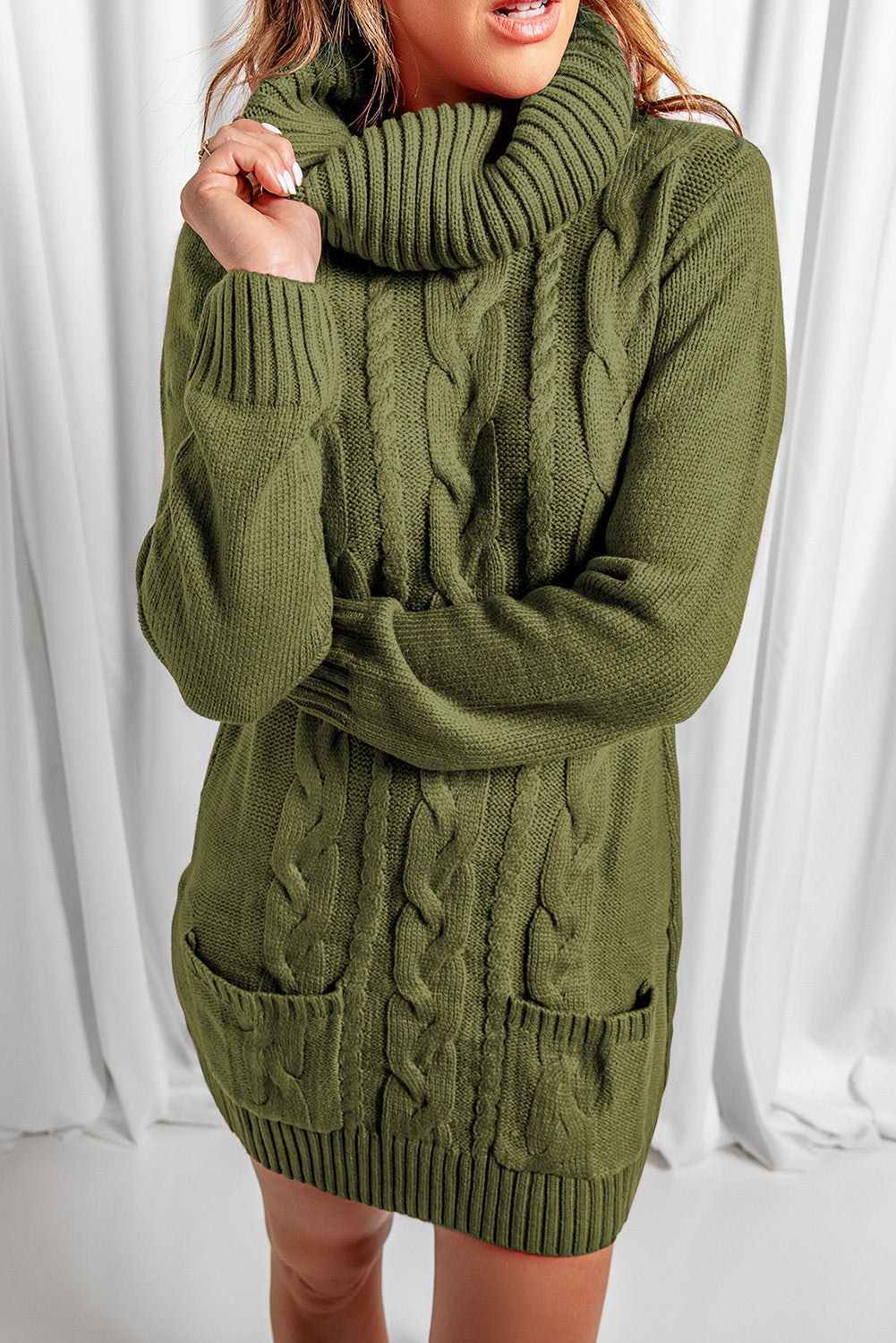 Olive Cowl Neck Cable Knit Sweater Dress Sweater Dresses JT's Designer Fashion