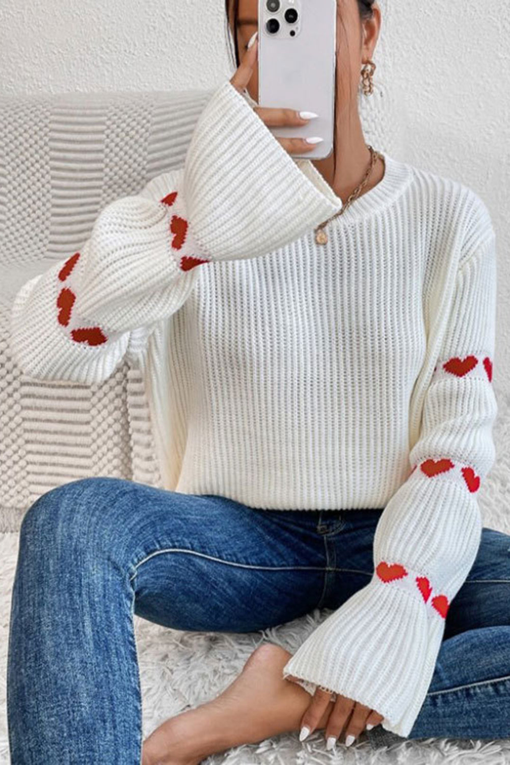 White Heart Shape Bell Sleeve Valentine Sweater White 100%Acrylic Sweaters JT's Designer Fashion