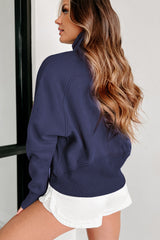 Navy Blue Fleece Lined Zip Up Stand Collar Thumbhole Sleeve Sweatshirt Sweatshirts & Hoodies JT's Designer Fashion
