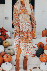 Khaki Floral Print Ruffled Tiered Long Sleeve V Neck Midi Dress Khaki 100%Polyester Floral Dresses JT's Designer Fashion