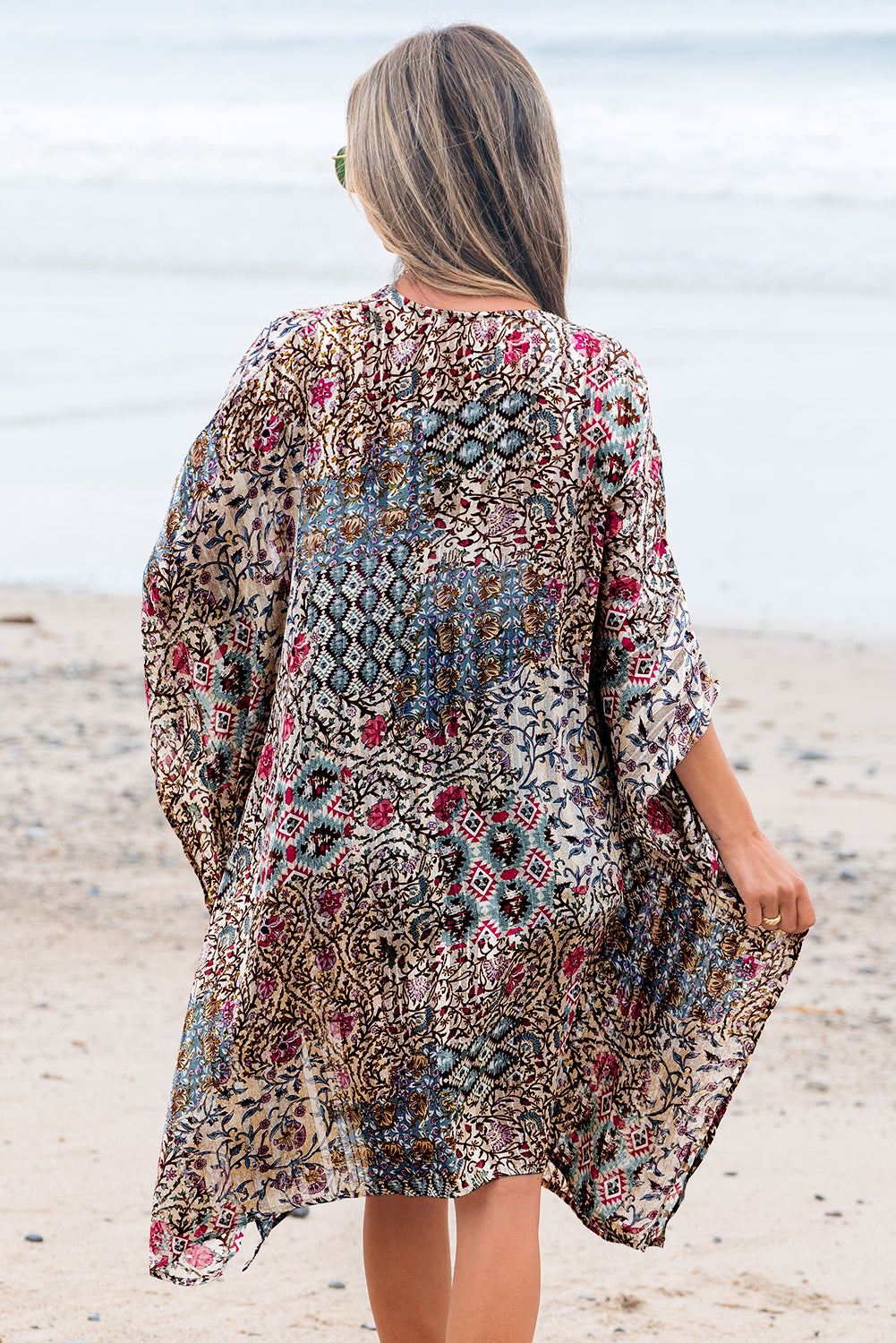 Apricot Floral Print Short Wide Sleeve Open Front Loose Kimono Kimonos JT's Designer Fashion