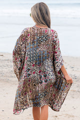 Apricot Floral Print Short Wide Sleeve Open Front Loose Kimono Kimonos JT's Designer Fashion