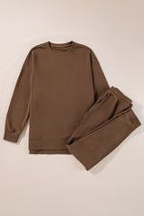 Coffee Solid Color High Low Pullover and Skinny Pants Set Pant Sets JT's Designer Fashion