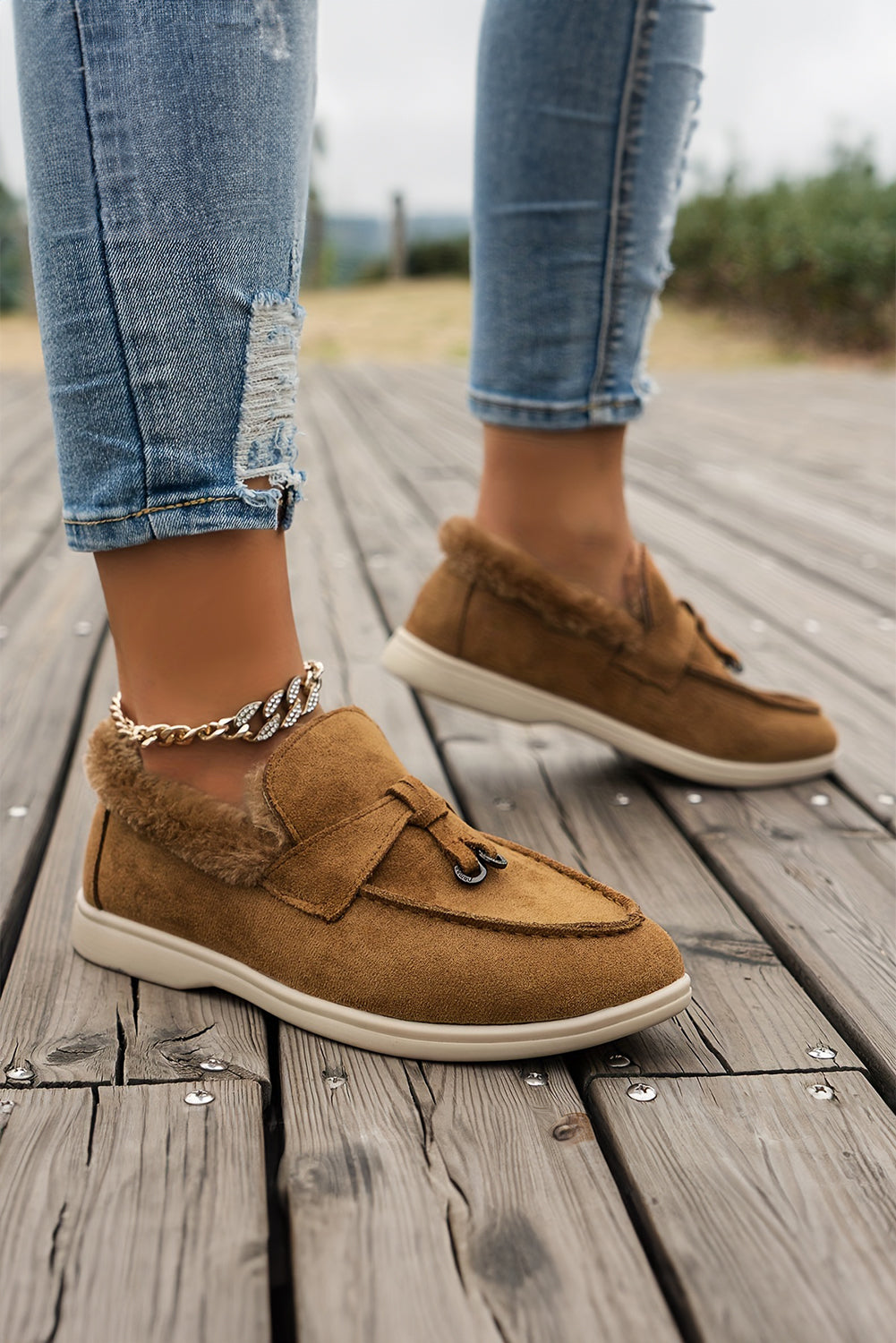 Chestnut Suede Furry Lined Slip on Flat Shoes Women's Shoes JT's Designer Fashion