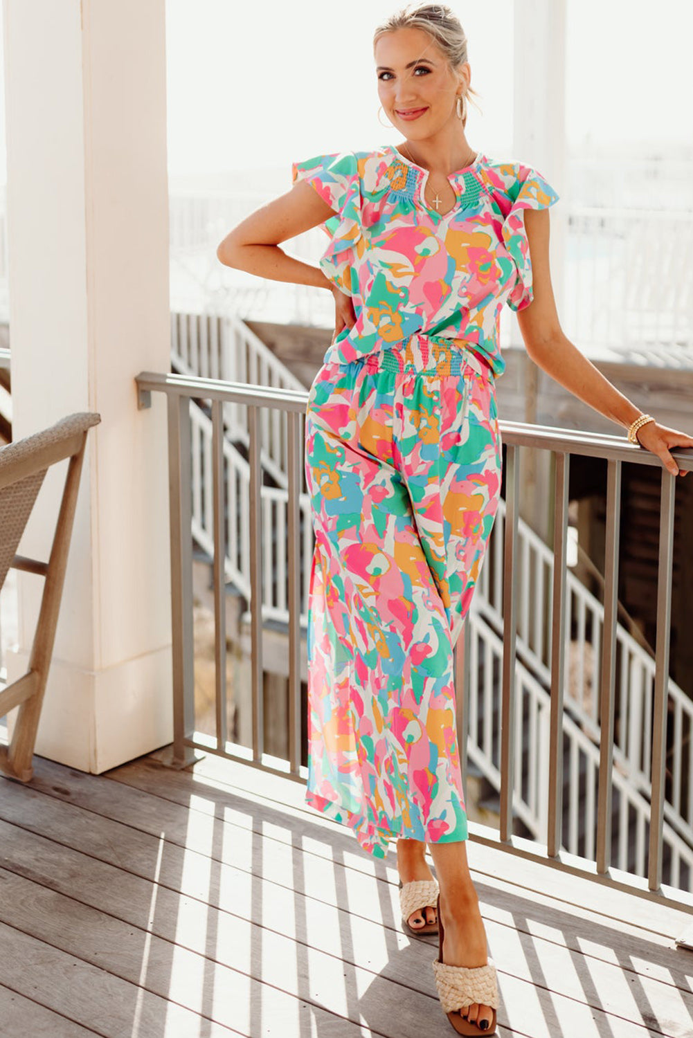 Pink Floral Ruffled Sleeve Top Smocked Wide Leg Pants Set Bottoms JT's Designer Fashion