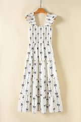 Black Bow Print Smocked Square Neck Ruffle Tiered Long Dress Maxi Dresses JT's Designer Fashion