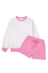 Strawberry Pink Color Block Pullover and Lace-up Elastic Waist Shorts Set Short Sets JT's Designer Fashion