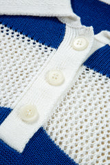 Blue Stripe Colorblock Polo Collar Eyelet Crochet Knitted Sweater Sweaters JT's Designer Fashion