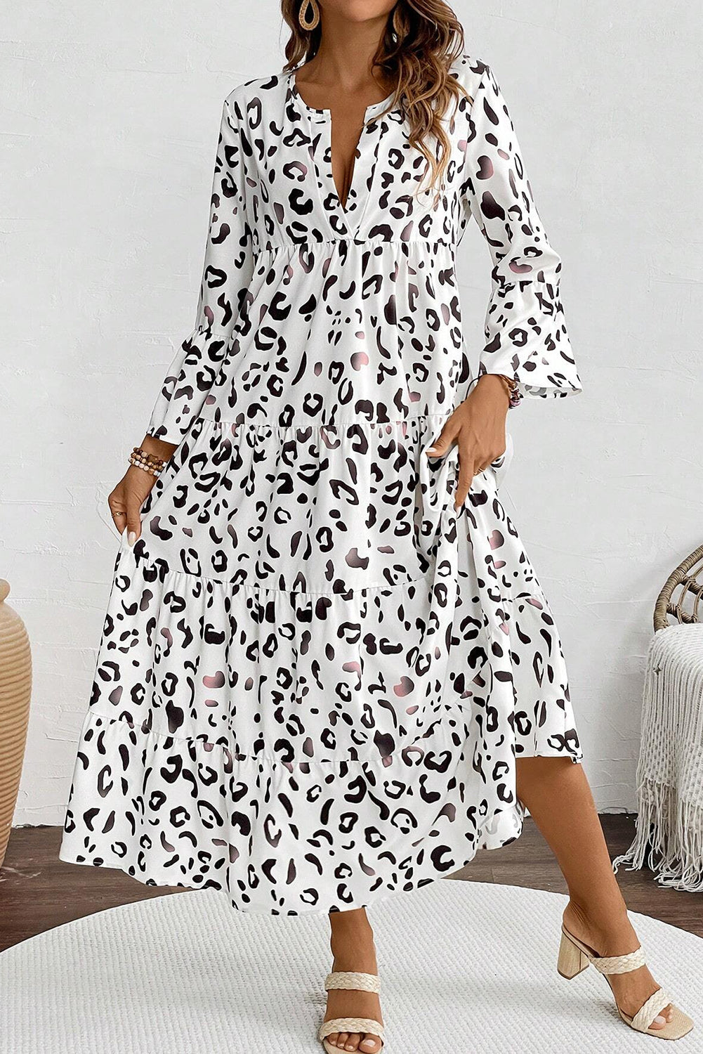 White Leopard Print Notch V Neck Loose Fit Long Dress Maxi Dresses JT's Designer Fashion