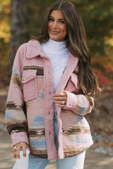 Pink Western Aztec Print Sherpa Splicing Buttoned Flap Pocket Coat Jackets JT's Designer Fashion