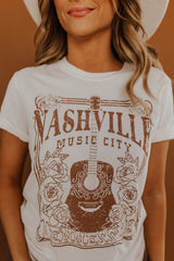 White NASHVILLE MUSIC CITY Graphic Crew Neck Tee White 95%Polyester+5%Elastane Graphic Tees JT's Designer Fashion