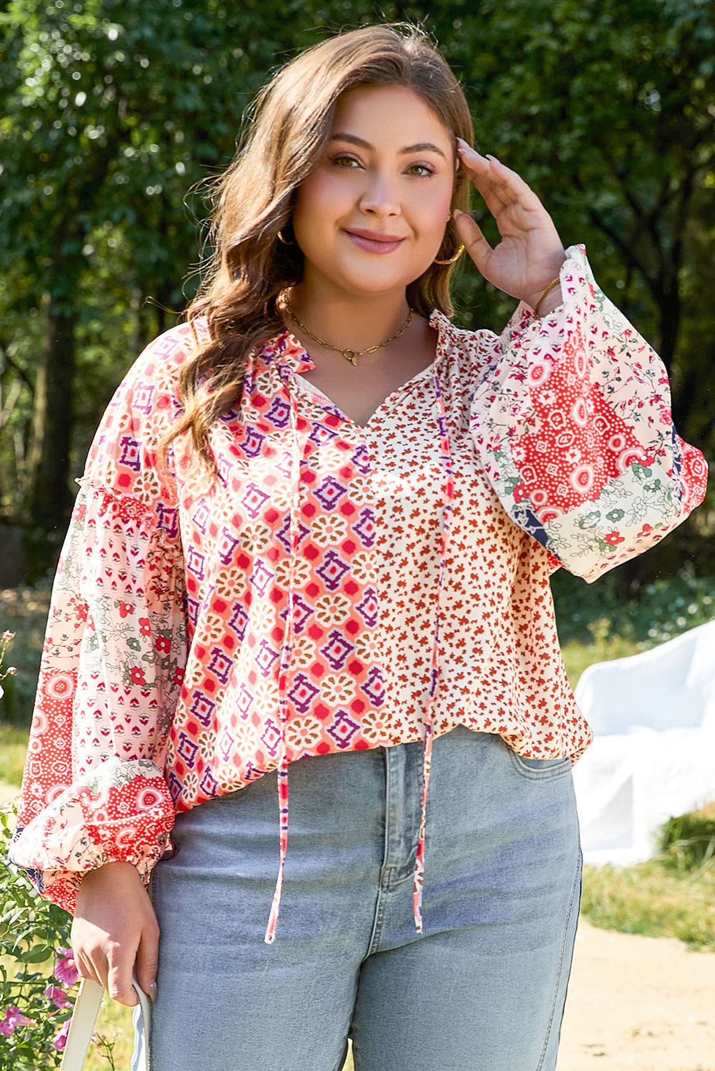 Orange Floral Geometric Patchwork Lace-up V-neck Plus Size Blouse Plus Size Blouses & Shirts JT's Designer Fashion