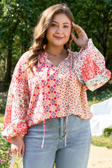 Orange Floral Geometric Patchwork Lace-up V-neck Plus Size Blouse Plus Size Blouses & Shirts JT's Designer Fashion