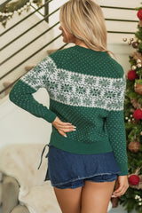 Green Christmas Snowflake Dotted Print Round Neck Sweater Sweaters JT's Designer Fashion