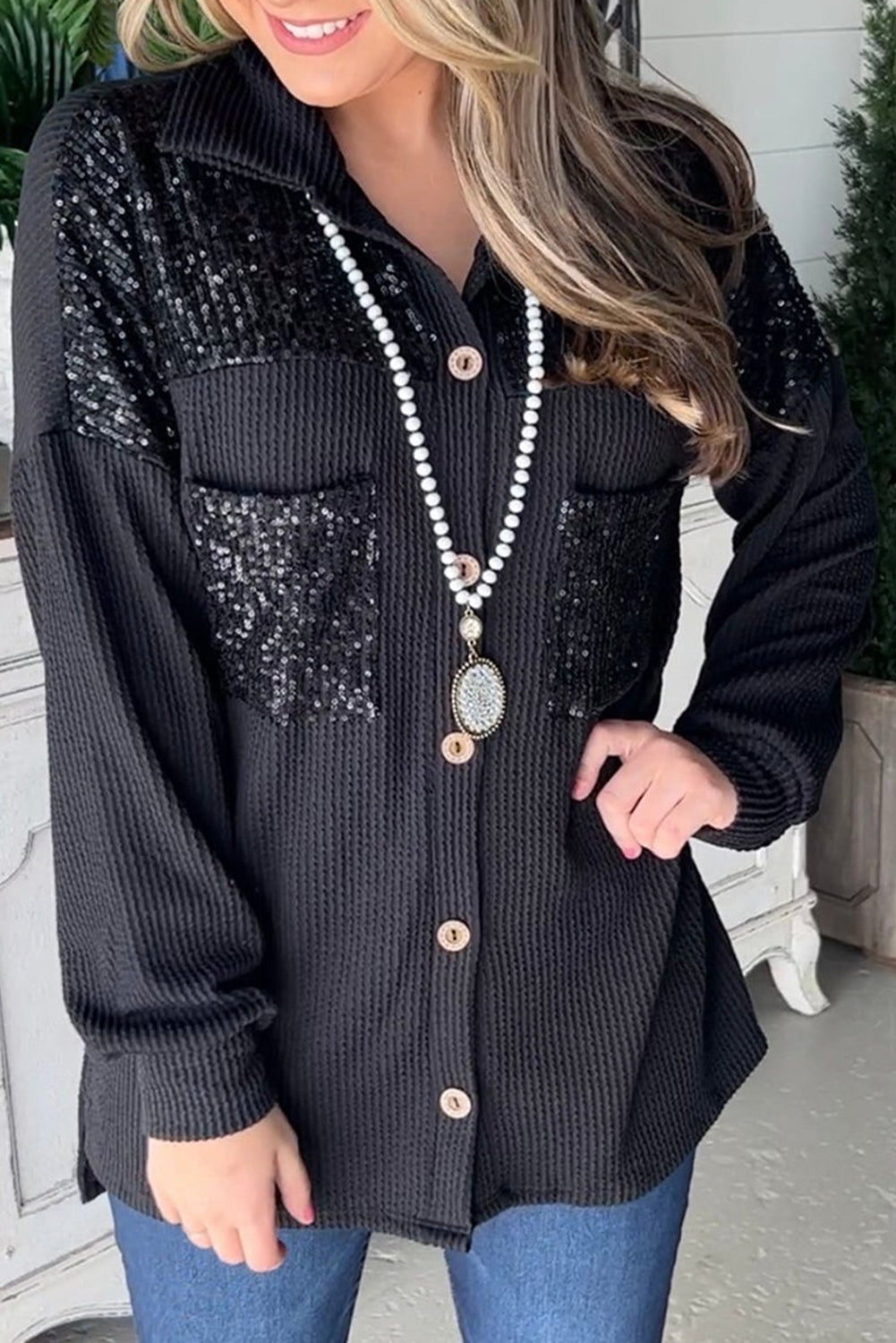 Black Sequin Patch Chest Pocket Corded Shacket Black 75%Polyester+20%Viscose+5%Elastane Jackets JT's Designer Fashion