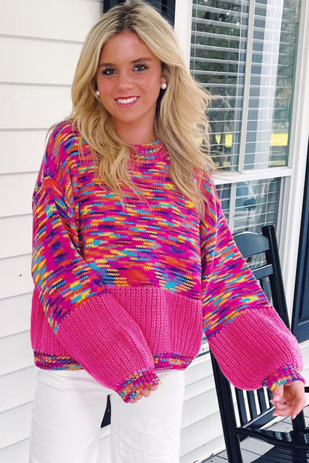 Bright Pink Rainbow Confetti Drop Shoulder Sweater Sweaters JT's Designer Fashion