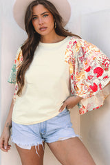 Beige Floral Patchwork Half Batwing Sleeve Blouse Blouses & Shirts JT's Designer Fashion