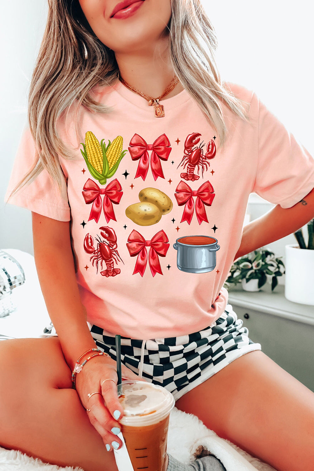 Pink Summer Food Bow Crawfish Printed T Shirt Graphic Tees JT's Designer Fashion