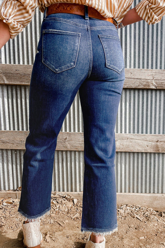 Sail Blue Mineral Wash Raw Hem High Waist Flared Jeans Jeans JT's Designer Fashion