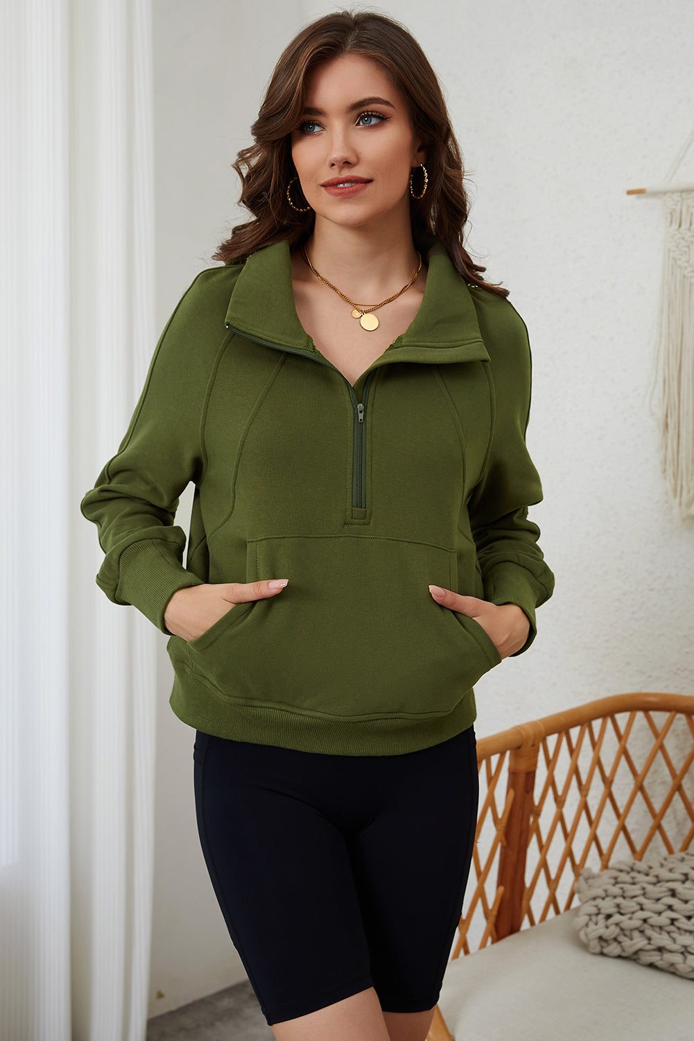 Moss Green Quarter Zip Stand Neck Kangaroo Pocket Sweatshirt Sweatshirts & Hoodies JT's Designer Fashion