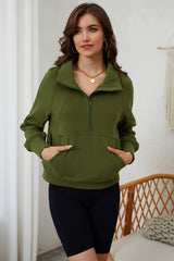 Moss Green Quarter Zip Stand Neck Kangaroo Pocket Sweatshirt Sweatshirts & Hoodies JT's Designer Fashion