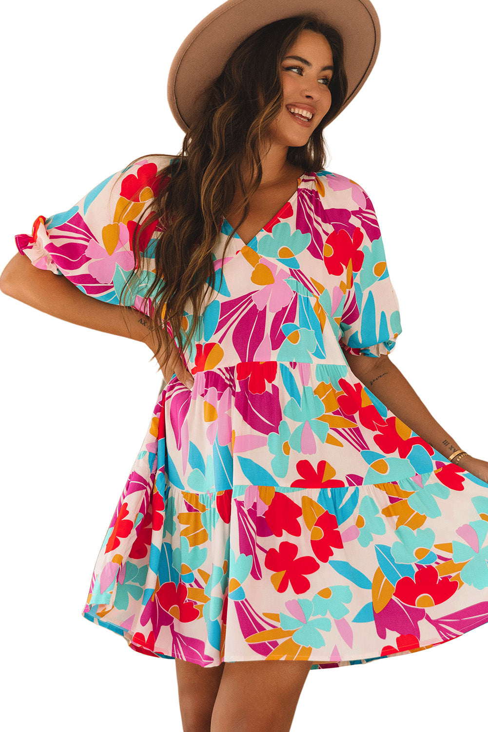 Rose Red Floral Bubble Sleeve V Neck Tiered Ruffle Babydoll Dress Floral Dresses JT's Designer Fashion
