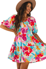 Rose Red Floral Bubble Sleeve V Neck Tiered Ruffle Babydoll Dress Floral Dresses JT's Designer Fashion