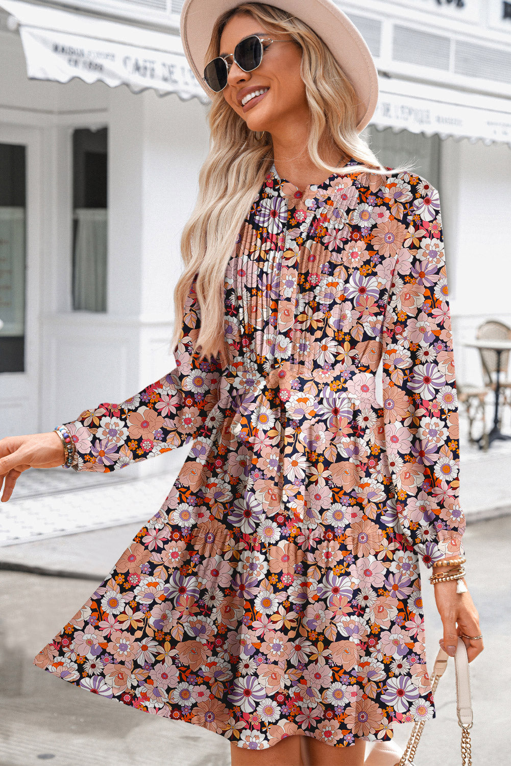Multicolour Floral Print Long Sleeve Pleated Detail Bleted Mini Dress Mini Dresses JT's Designer Fashion