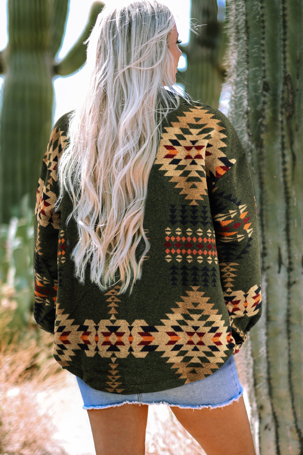 Green Aztec Print Flap Pockets Long Sleeve Shacket Jackets JT's Designer Fashion
