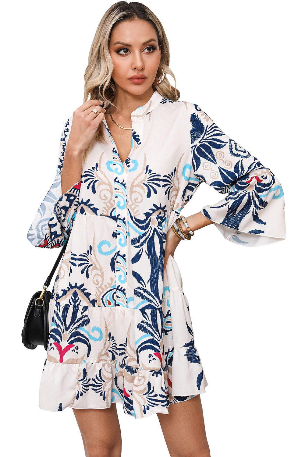White Printed Tribal Bracelet Sleeve Buttoned Mini Dress Mini Dresses JT's Designer Fashion