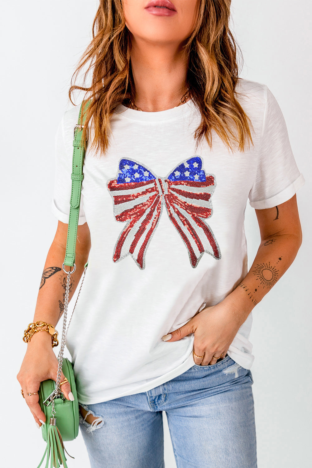 White USA Flag Bow Knot Patched Crew Neck T Shirt Graphic Tees JT's Designer Fashion