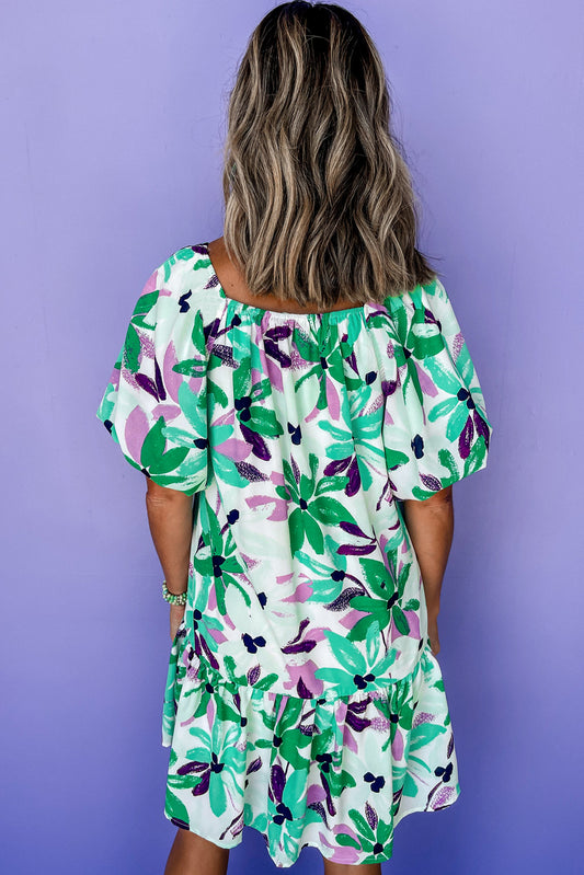 Green Floral Print Shirred Square Neck Loose Fit Mini Dress Floral Dresses JT's Designer Fashion