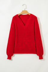 Racing Red Solid Textured Knit V Neck Drop Shoulder Sweater Sweaters JT's Designer Fashion