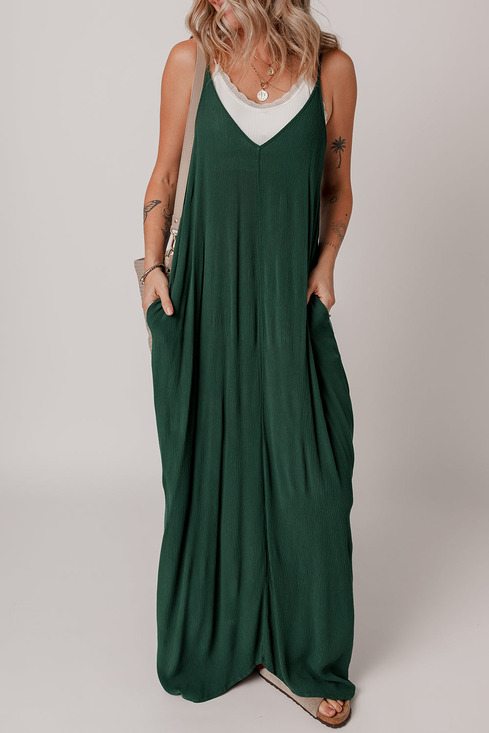 Duffel Green Spaghetti Straps Pocketed Slouchy Long Dress Maxi Dresses JT's Designer Fashion