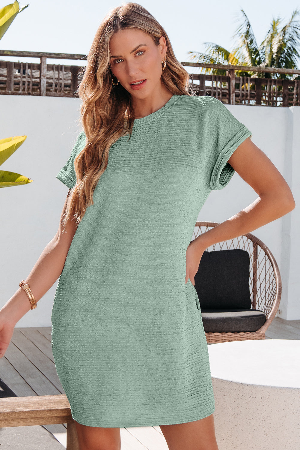 Grass Green Solid Color Textured Crinkle Short Sleeve T Shirt Dress T Shirt Dresses JT's Designer Fashion