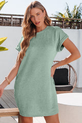 Grass Green Solid Color Textured Crinkle Short Sleeve T Shirt Dress T Shirt Dresses JT's Designer Fashion