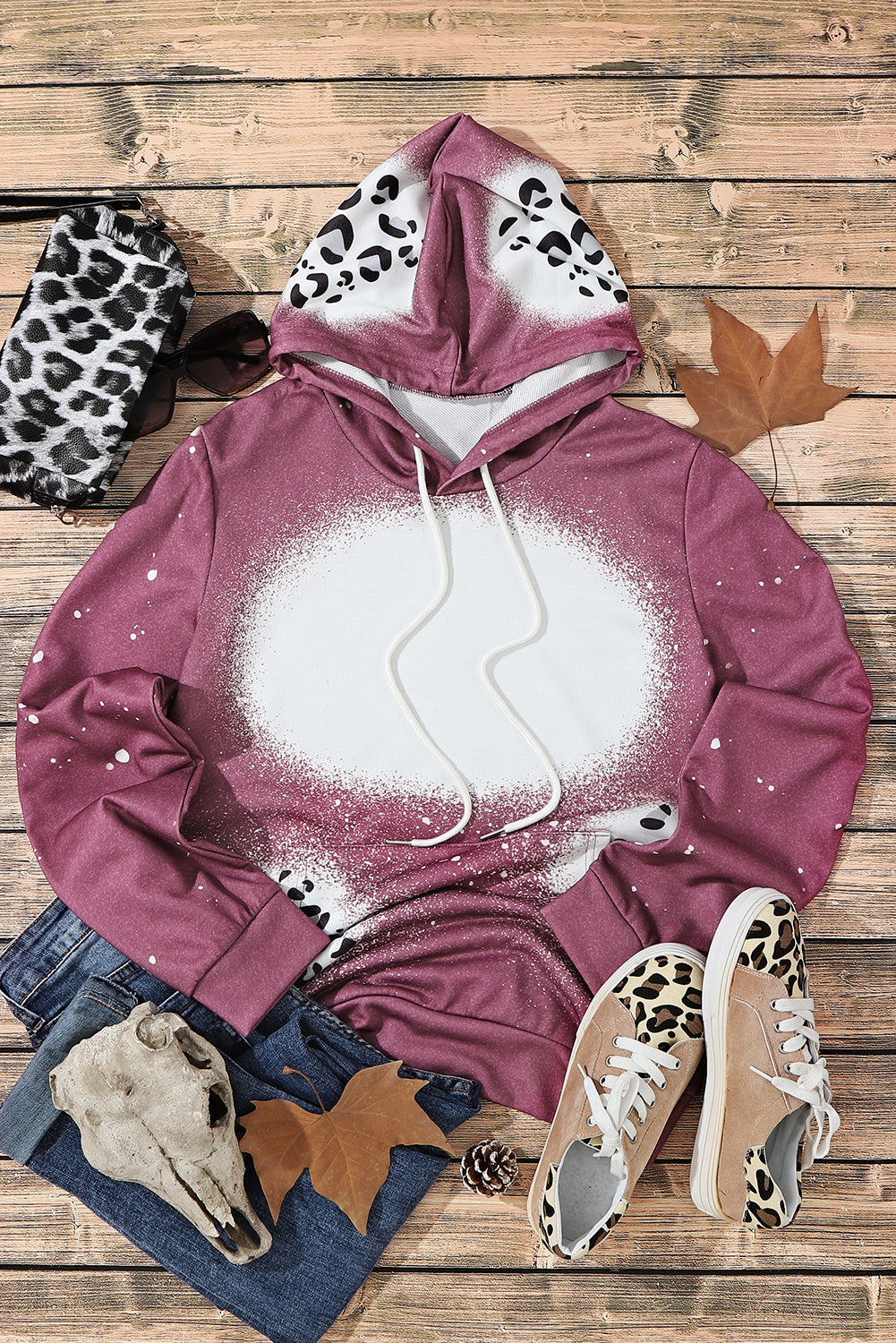 Leopard Tie Dye Print Kangaroo Pocket Pullover Hoodie Sweatshirts & Hoodies JT's Designer Fashion