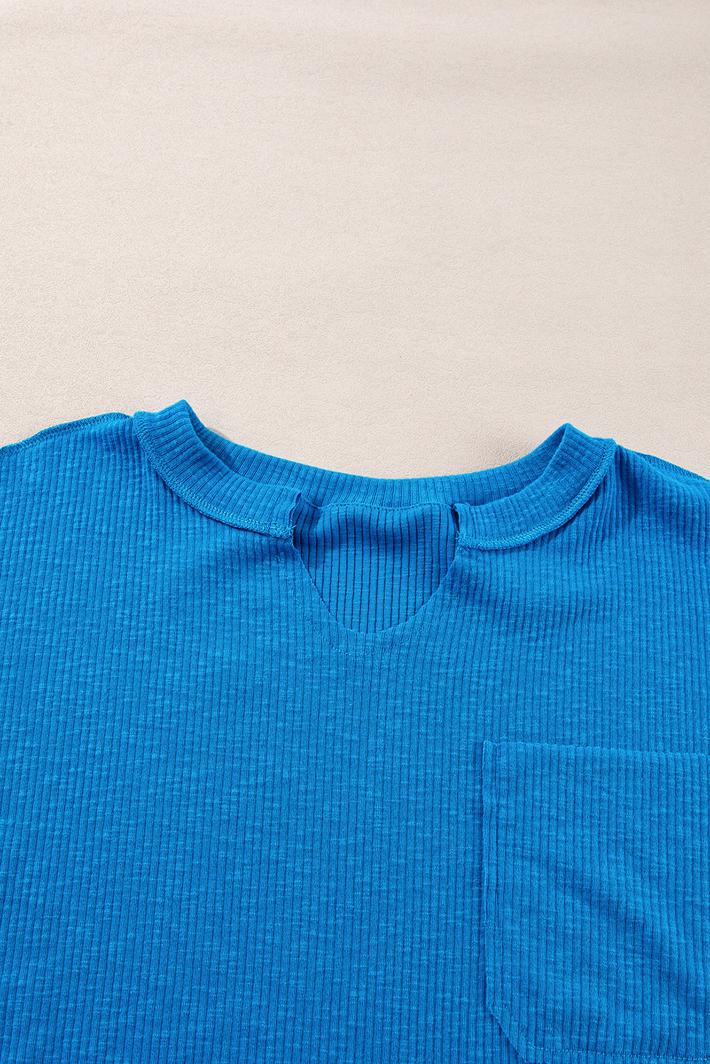 Blue Ribbed Exposed Seam Knit V Neck Long Sleeve Top Long Sleeve Tops JT's Designer Fashion