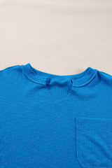 Blue Ribbed Exposed Seam Knit V Neck Long Sleeve Top Long Sleeve Tops JT's Designer Fashion