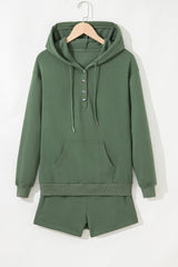 Mist Green Button Drawstring Hooded Pullover and Casual Short Set Short Sets JT's Designer Fashion