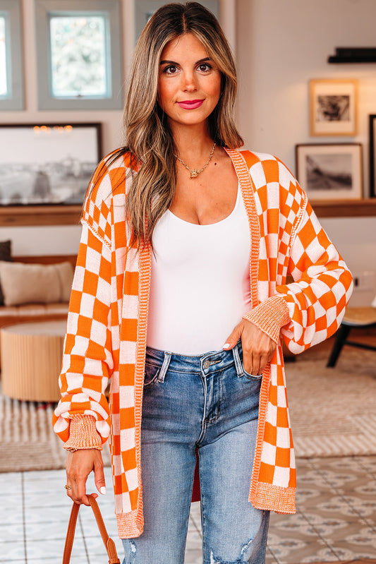 Orange Checkered Open Front Drop Shoulder Cardigan Orange 55%Acrylic+45%Cotton Cardigans JT's Designer Fashion