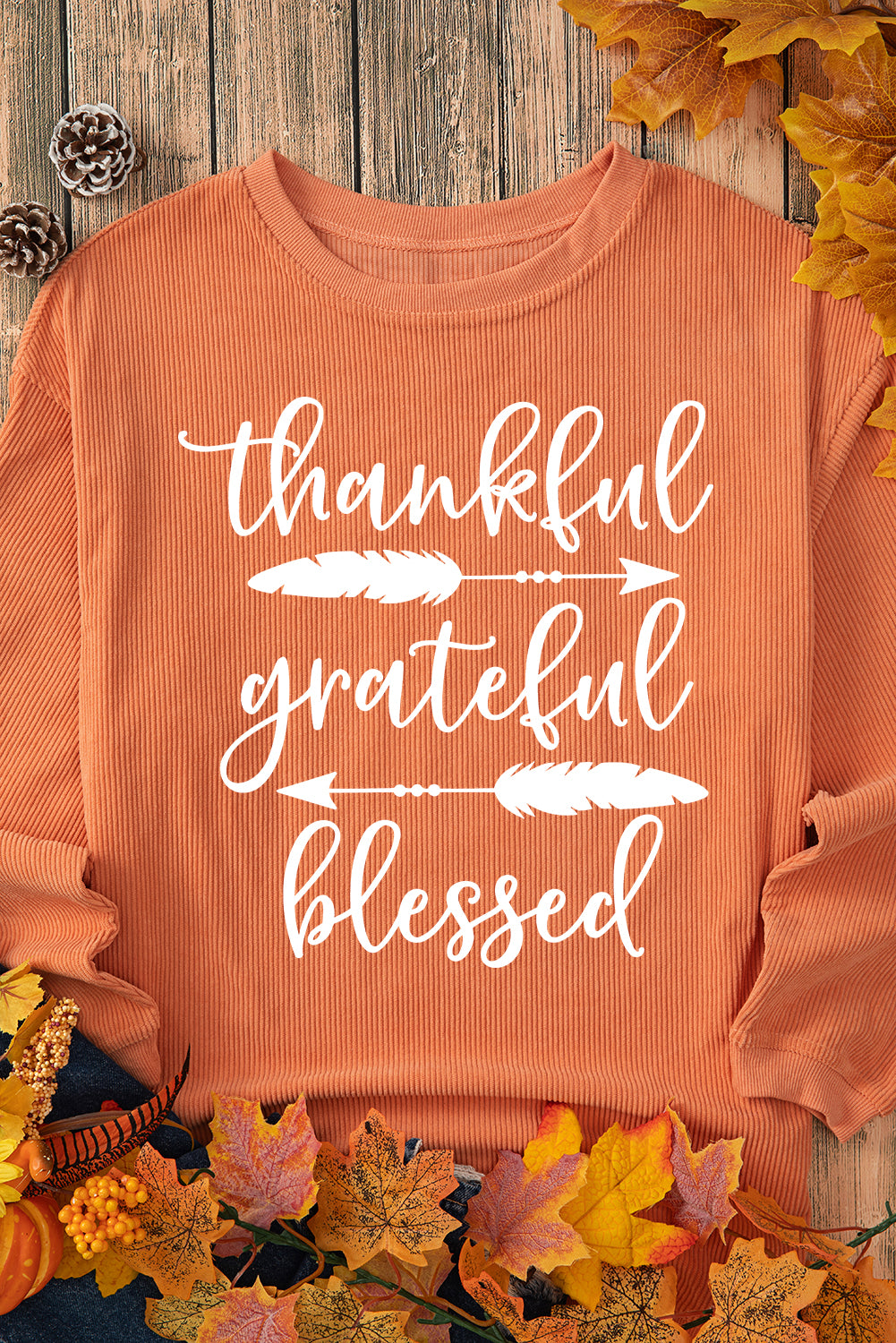 Orange thankful grateful blessed Arrow Graphic Corded Sweatshirt Graphic Sweatshirts JT's Designer Fashion