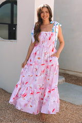 Pink Floral Print Knotted Shoulder Smocked Maxi Dress Floral Dresses JT's Designer Fashion